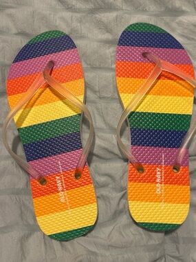 Old Navy Multi-Color Rainbow Stripe Flip Flops with Clear Straps